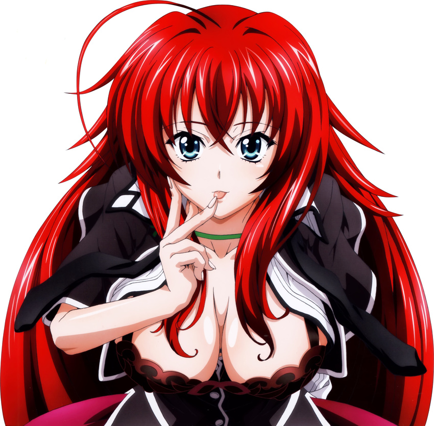 absurdres ahoge aqua_eyes bent_over black_bra bra breasts choker cleavage finger_licking green_choker high_school_dxd highres huge_ahoge large_breasts licking long_hair official_art red_hair rias_gremory school_uniform solo tongue tongue_out underwear very_long_hair