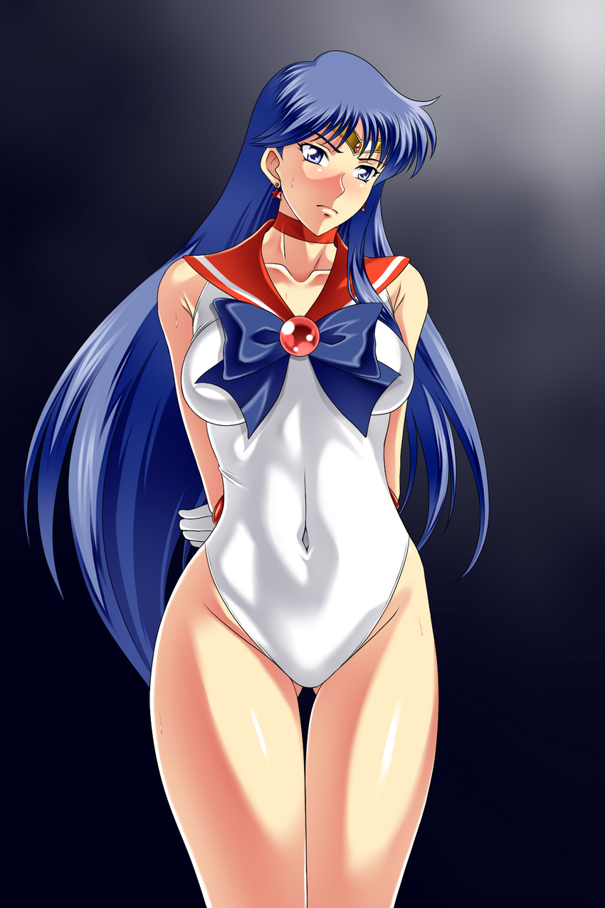 1girl arms_behind_back bishoujo_senshi_sailor_moon blue_background blue_bow blue_eyes blue_hair blush bow breasts choker collarbone covered_navel earrings eyebrows_visible_through_hair gloves gradient gradient_background highres hino_rei kamo_(nobuhide19790717) leotard long_hair looking_away looking_to_the_side matching_hair/eyes medium_breasts navel red_neckwear red_sailor_collar sailor_collar sailor_mars shiny_skin simple_background solo standing sweat tiara white_gloves white_leotard