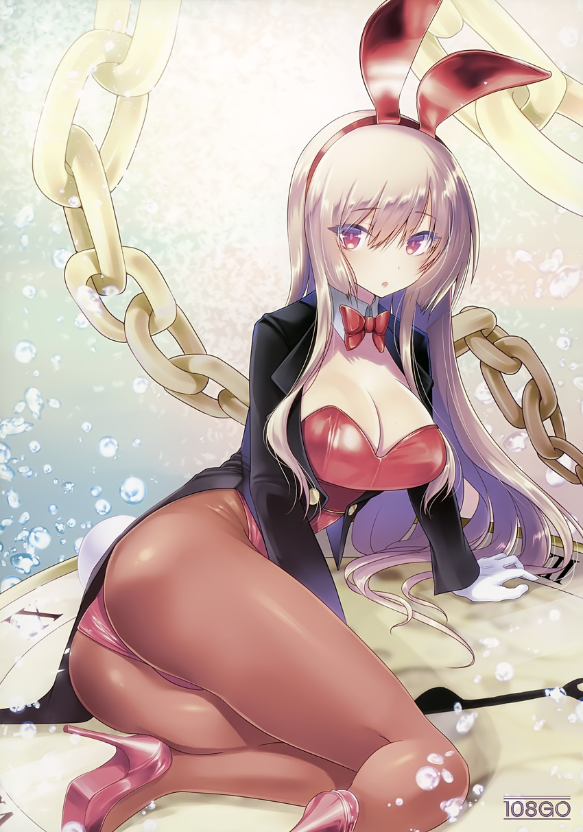 1girl absurdres animal_ears arm_support artist_name ass black_jacket breasts brown_hair bunny_ears bunny_tail bunnysuit chain cleavage detached_collar gloves high_heels highres image_sample jacket leotard long_hair long_sleeves medium_breasts open_clothes open_jacket original pantyhose parted_lips pocket_watch red_eyes red_leotard scan simple_background sitting strapless strapless_leotard tail twisted_torso watch white_gloves yandere_sample