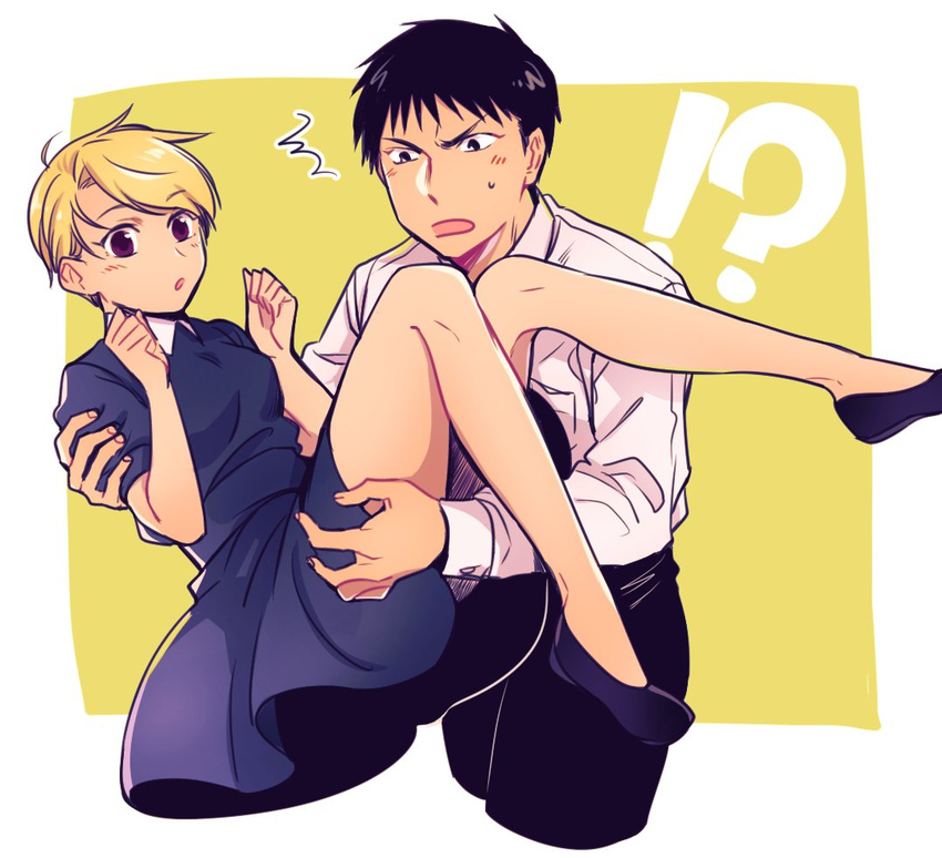 /\/\/\ 1boy 1girl :o bare_legs black_eyes black_hair blonde_hair blue_dress brown_eyes carrying dress eyebrows_visible_through_hair fullmetal_alchemist long_sleeves makaron611 nervous open_mouth riza_hawkeye roy_mustang shirt short_hair simple_background sweatdrop white_background white_shirt yellow_background younger