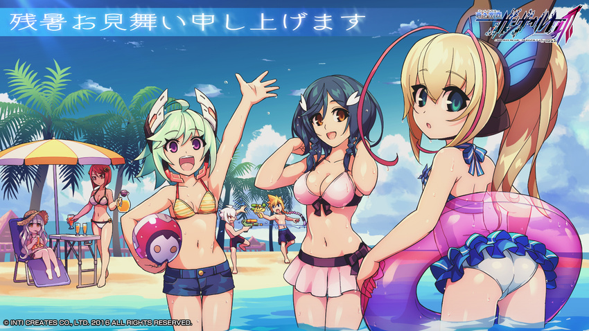 aliasing ass azure_striker_gunvolt ball barefoot beach bikini bikini_top blonde_hair blue_hair bow braids breasts brown_eyes clouds copen_(azure_striker_gunvolt) drink green_eyes green_hair group gun gunvolt hat hatakeyama_yoshitaka joule_(azure_striker_gunvolt) logo lola_(azure_striker_gunvolt) loli long_hair male mytyl_kamizono navel nori_(azure_striker_gunvolt) ponytail purple_eyes quinn_sakurazaki red_eyes red_hair short_hair skirt sky swim_ring swimsuit tree umbrella water weapon white_hair