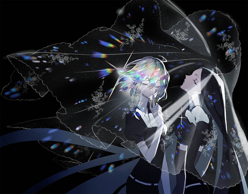 androgynous bangs black_gloves black_hair black_legwear black_neckwear black_shirt black_shorts bort closed_mouth collared_shirt commentary crystal_hair dark diamond_(houseki_no_kuni) elbow_gloves gem_uniform_(houseki_no_kuni) gloves half-closed_eyes houseki_no_kuni long_hair looking_at_viewer multicolored_hair multiple_others necktie shirt short_hair short_sleeves shorts sparkle uleecii uniform upper_body very_long_hair white_shirt