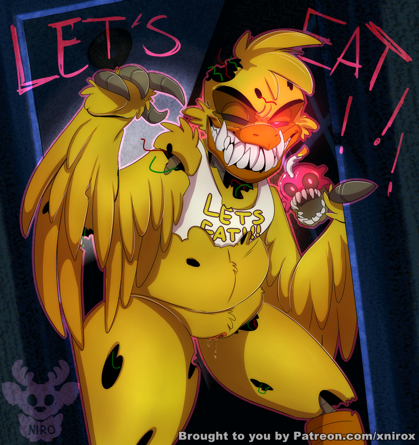 animatronic anthro avian beak bird chica_(fnaf) chicken feathers female five_nights_at_freddy's five_nights_at_freddy's_4 glowing glowing_eyes half-closed_eyes looking_at_viewer machine monitor nightmare_chica_(fnaf) nude pussy pussy_juice robot smile solo thick_thighs video_games wings xnirox