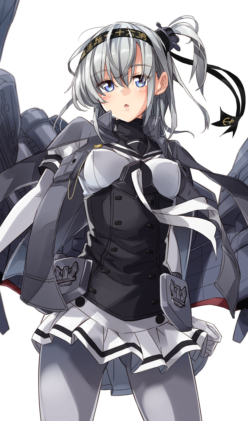 absurdres ass_visible_through_thighs black_corset black_sailor_collar blue_eyes blush breasts corset covered_nipples cowboy_shot eyebrows_visible_through_hair eyes_visible_through_hair grey_legwear hair_between_eyes hairband highres kantai_collection long_hair long_sleeves looking_at_viewer machinery medium_breasts miniskirt mousou_(mousou_temporary) neckerchief one_side_up pantyhose parted_lips pleated_skirt puffy_short_sleeves puffy_sleeves sailor_collar school_uniform serafuku short_over_long_sleeves short_sleeves silver_hair simple_background skirt solo standing suzutsuki_(kantai_collection) white_background white_neckwear white_skirt
