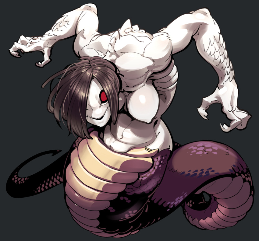 animal_humanoid breasts brown_hair brown_scales claws empty_eyes evil_grin fate/grand_order fate_(series) female hair hair_over_eye humanoid lamia navel nude red_sclera reptile scales scalie short_hair sidotama smile snake snake_humanoid solo white_skin