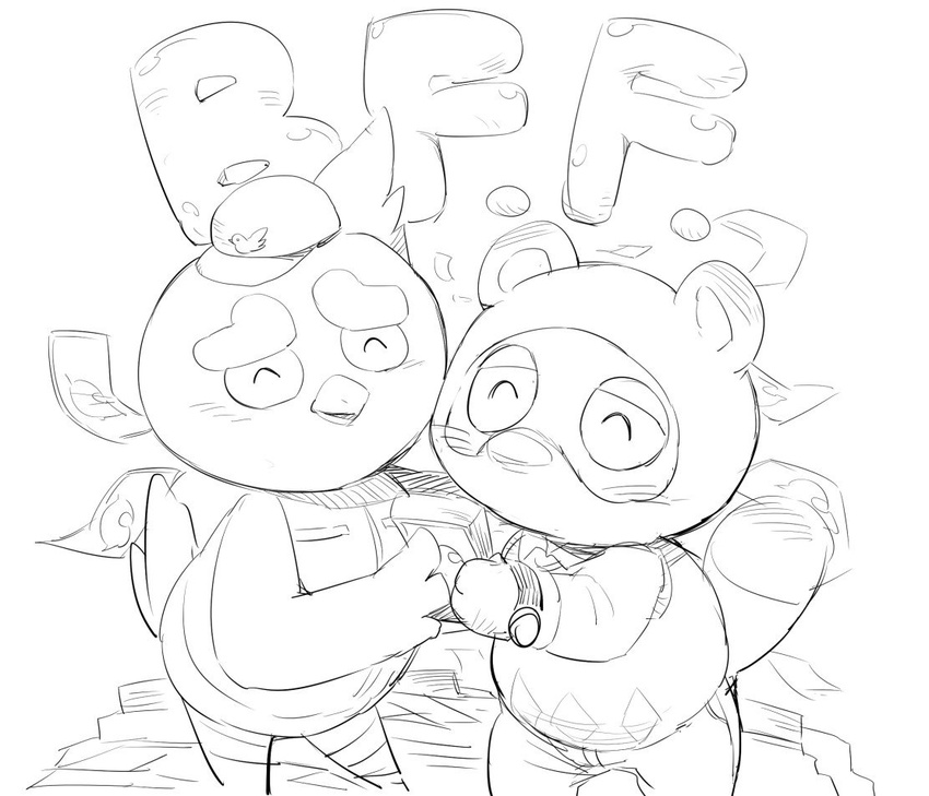 animal_crossing avian bird black_and_white giovanni_(animal_crossing) hat hug humor male mammal masshiro money monochrome nintendo sweater_vest tanuki tom_nook_(animal_crossing) video_games watch