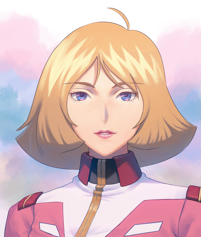 ahoge blonde_hair cloud cloudy_sky eyebrows_visible_through_hair fateline_alpha gundam highres lipstick looking_at_viewer makeup mobile_suit_gundam outdoors parted_lips portrait red_lipstick sayla_mass short_hair sky smile solo uniform upper_body