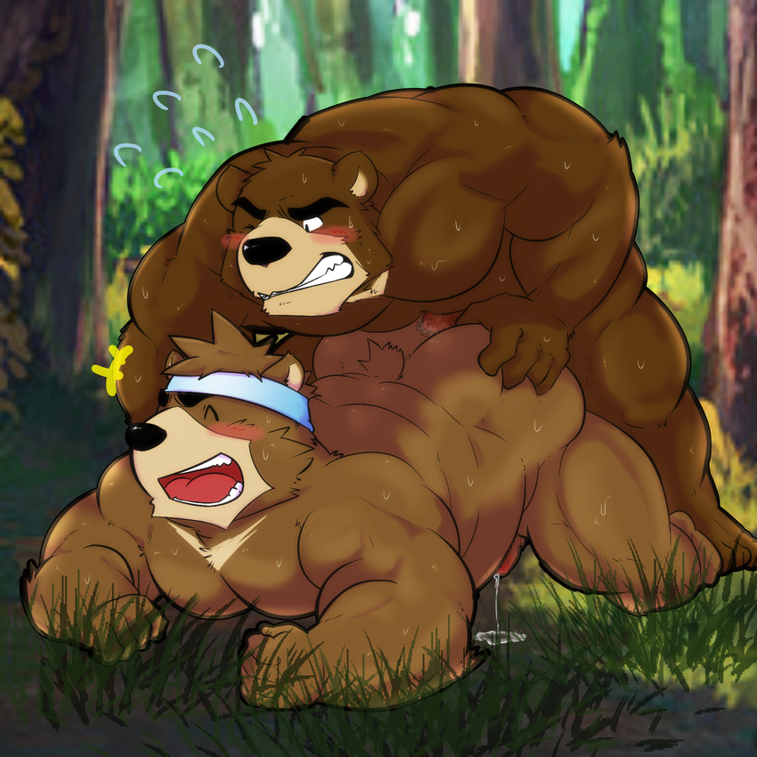 anal bear blush brothers butt censored forest goujuyu incest juuichi_mikazuki kenji_mikazuki male male/male mammal morenatsu musclegut muscular penis precum sibling smile sweat tree twins