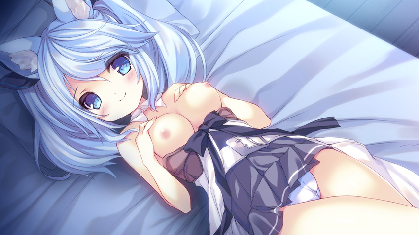 animal_ear_fluff animal_ears bangs bed belt black_bow black_ribbon blue_eyes blue_hair blush bow breast_suppress breasts cat_ears closed_mouth detached_collar dress dress_lift dress_pull eyebrows_visible_through_hair from_above game_cg hair_between_eyes hair_ribbon karakara_(game) looking_at_viewer lucia_haynes lying medium_breasts nipples official_art on_back on_bed p19 panties pillow pleated_dress ribbon smile solo swept_bangs twintails underwear white_panties wing_collar wooden_floor