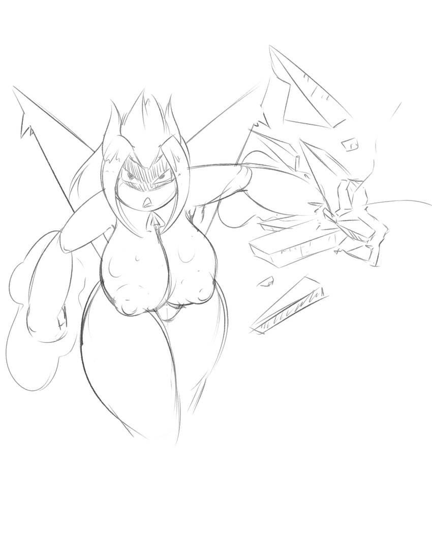 angry anthro areola breasts female latias legendary_pok&eacute;mon lewdtias looking_at_viewer monochrome nintendo nipples nude pok&eacute;mon pok&eacute;mon_(species) punch quin-nsfw simple_background sketch video_games white_background