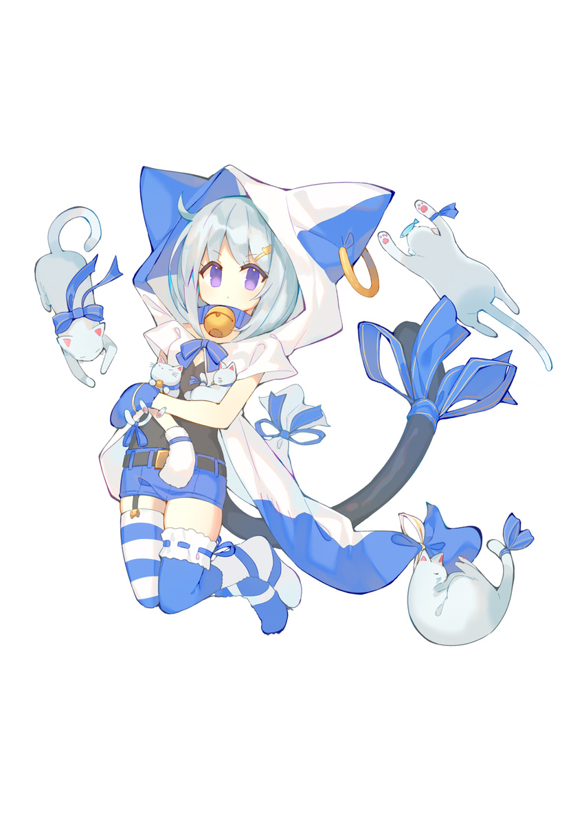 animal_ears bangs bell bell_collar black_shirt blue_bow blue_collar blue_mittens blue_shorts bow cat cat_ears cat_hair_ornament cat_tail closed_mouth collar earrings eyebrows_visible_through_hair garter_straps hair_bow hair_ornament hairclip highres hooded_coat hoop_earrings jewelry jingle_bell kanase_(mcbrwn18) looking_at_viewer mismatched_legwear mittens no_shoes original purple_hair ribbon-trimmed_legwear ribbon_trim shirt short_shorts short_sleeves shorts silver_hair simple_background solo striped striped_legwear tail thighhighs v-shaped_eyebrows white_background white_mittens