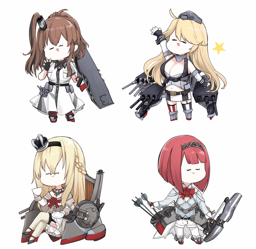american_flag_legwear ark_royal_(kantai_collection) blonde_hair braid breasts brown_hair closed_eyes commentary corset crown dress flight_deck french_braid front-tie_top highres iowa_(kantai_collection) jewelry kantai_collection large_breasts long_hair long_sleeves mini_crown mismatched_legwear morinaga_miki multiple_girls necklace off-shoulder_dress off_shoulder open_mouth pantyhose red_hair saratoga_(kantai_collection) short_hair side_ponytail simple_background sitting smile star thighhighs warspite_(kantai_collection) white_background white_corset white_dress white_legwear