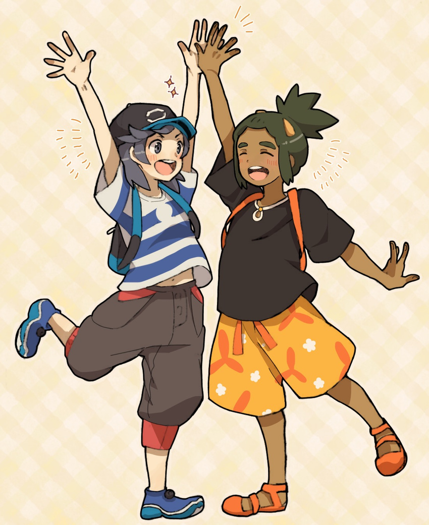 aoya_(ayoyame18) backpack bag bangs baseball_cap black_hat closed_eyes dark_skin dark_skinned_male green_hair hat hau_(pokemon) highres male_focus multiple_boys open_mouth pokemon pokemon_(game) pokemon_sm shirt short_hair short_ponytail shorts smile striped striped_shirt swept_bangs t-shirt you_(pokemon)