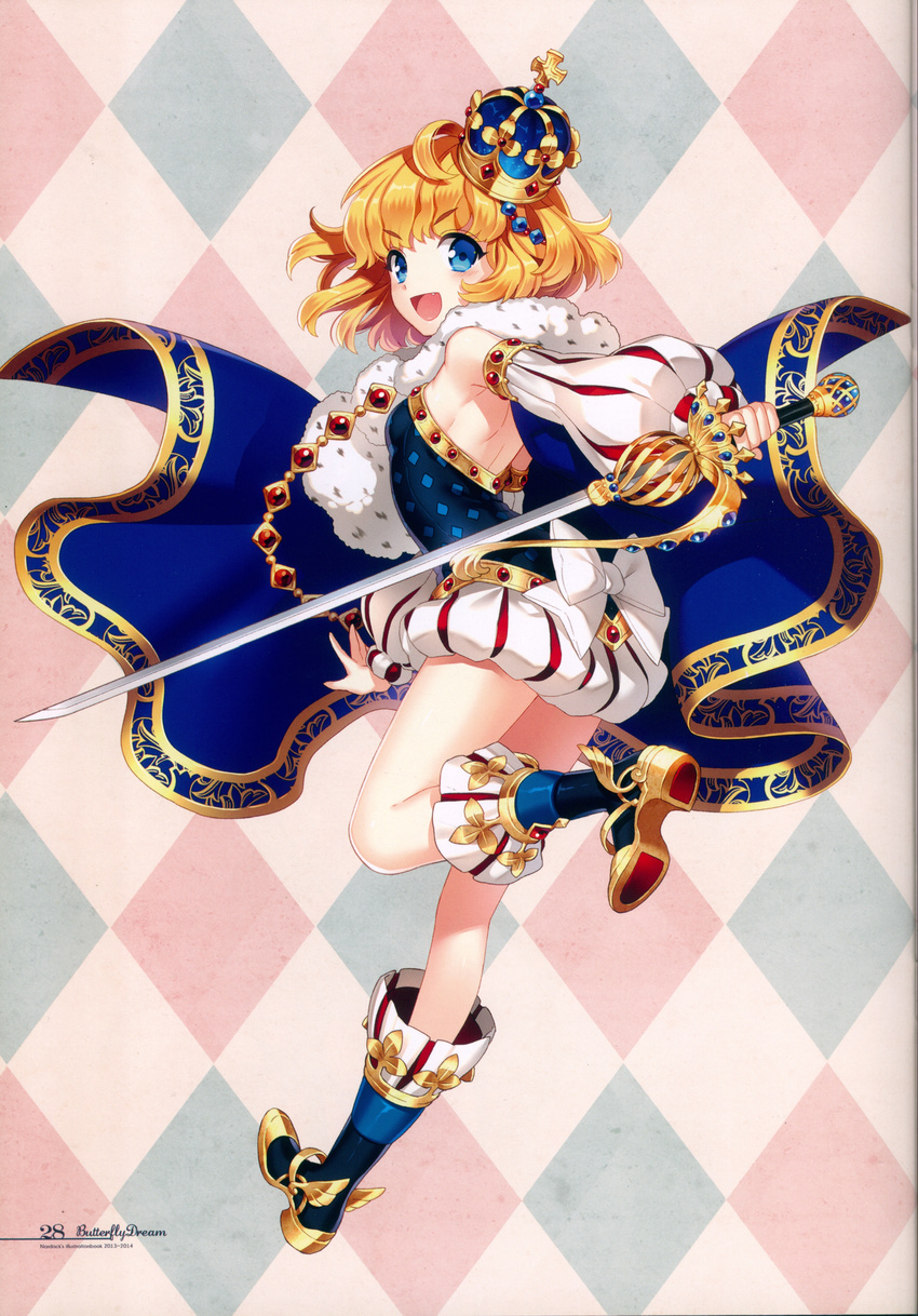 :d absurdres argyle argyle_background armpits bangs bare_shoulders black_tubetop blonde_hair blue_cape blue_eyes boots breasts cape crown eyebrows_visible_through_hair fang full_body fur_trim highres holding holding_sword holding_weapon huge_filesize jewelry knee_boots left-handed leg_up long_sleeves looking_at_viewer looking_back nardack non-web_source open_mouth original page_number puff_and_slash_sleeves puffy_shorts puffy_sleeves scan shirt shorts small_breasts smile solo standing standing_on_one_leg strapless sword tubetop v-shaped_eyebrows weapon white_shirt