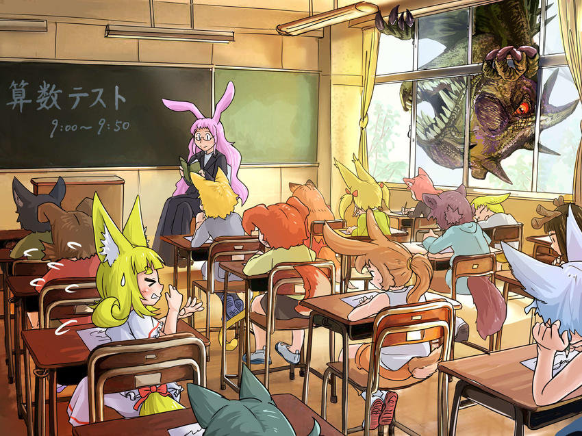 &gt;_&lt; 6+girls absurdres animal_ears antlers bangs black_hair black_jacket black_skirt blonde_hair blue_hair blunt_bangs blush bob_cut book brown_hair bunny_ears bunny_tail chair chalkboard classroom closed_eyes day desk dog_ears dog_tail doitsuken dragon dress facing_another facing_away flying_sweatdrops fox_child_(doitsuken) fox_ears fox_tail from_behind glasses green_shirt grey_shirt head_rest highres holding holding_book holding_pencil indoors jacket long_hair long_skirt long_sleeves looking_at_another multiple_boys multiple_girls nervous open_book orange_hair original parted_lips pencil pink_hair ponytail profile purple_hair raccoon_ears raccoon_tail reading red_eyes red_hair red_shirt school_desk semi-rimless_eyewear shirt short_eyebrows short_hair short_sleeves sitting skirt sleeping smile student sweatdrop tail teacher test thick_eyebrows twintails under-rim_eyewear white_dress writing