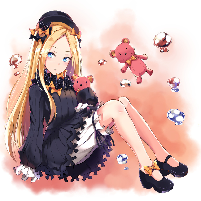 abigail_williams_(fate/grand_order) bad_id bad_pixiv_id bangs black_bow black_dress black_footwear black_hat blonde_hair bloomers blue_eyes blush bow bug butterfly commentary_request dress fate/grand_order fate_(series) full_body hat highres holding holding_stuffed_animal insect konka long_hair long_sleeves looking_at_viewer orange_bow parted_bangs parted_lips polka_dot polka_dot_bow revision shoes sitting sleeves_past_fingers sleeves_past_wrists solo stuffed_animal stuffed_toy teddy_bear underwear very_long_hair water_drop white_bloomers
