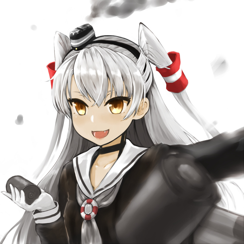 amatsukaze_(kantai_collection) bad_id bad_pixiv_id brown_dress brown_eyes commentary_request depth_charge dress gloves hair_tubes hat kancolle_arcade kantai_collection long_hair mini_hat miyako_(miyako_lplover) open_mouth sailor_collar sailor_dress silver_hair single_glove smile solo torpedo_tubes two_side_up upper_body white_gloves windsock