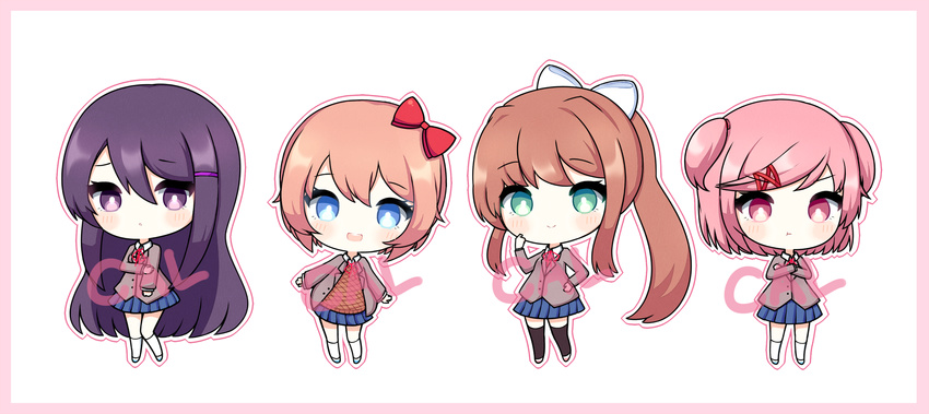 :t artist_name bangs black_legwear blazer blue_eyes blue_skirt blush bow brown_hair chibi collared_shirt commentary crossed_arms doki_doki_literature_club english_commentary eyebrows_visible_through_hair full_body green_eyes hair_between_eyes hair_bow hair_ornament hair_ribbon hairclip hand_on_hip hand_on_own_arm high_ponytail highres jacket long_hair long_sleeves looking_at_viewer miniskirt monika_(doki_doki_literature_club) multiple_girls natsuki_(doki_doki_literature_club) neck_ribbon open_clothes open_jacket open_mouth oppaniichan orange_sweater pink_eyes pink_hair pleated_skirt ponytail purple_eyes purple_hair ribbon sayori_(doki_doki_literature_club) school_uniform shirt sidelocks simple_background skirt smile standing straight_hair sweater thighhighs watermark white_background white_legwear white_shirt wing_collar x_hair_ornament yuri_(doki_doki_literature_club)