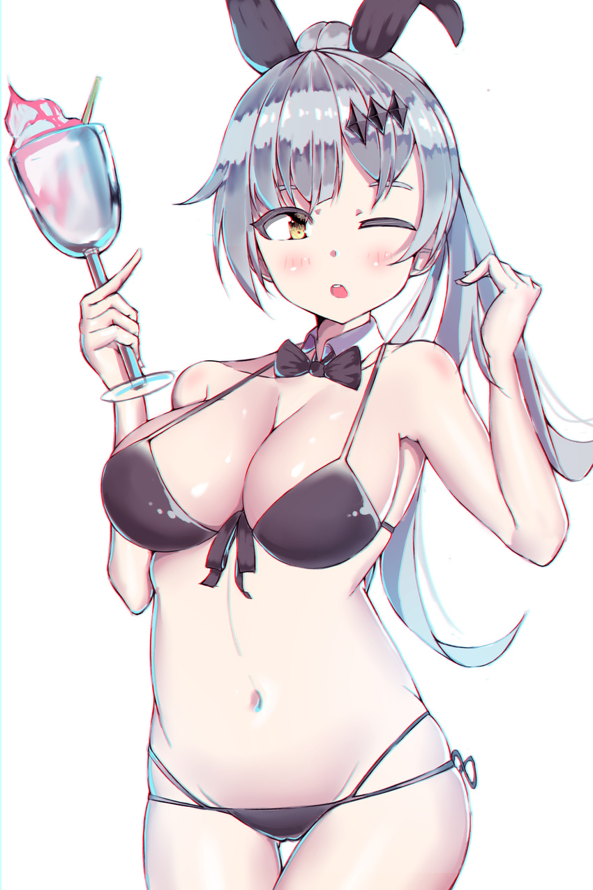 absurdres armpit_peek ass_visible_through_thighs bangs bare_arms bare_legs bare_shoulders bikini black_ribbon black_swimsuit blush bow bowtie breasts choker cleavage collarbone commentary_request cup drinking_glass drinking_straw five-seven_(girls_frontline) food front-tie_bikini front-tie_top girls_frontline hair_ornament hair_ribbon hairclip hand_up highres holding holding_cup ice_cream large_breasts long_hair looking_at_viewer lowleg lowleg_bikini navel one_eye_closed parfait ponytail ribbon side-tie_bikini silver_hair solo spam_(spamham4506) stomach swimsuit thighs very_long_hair white_background