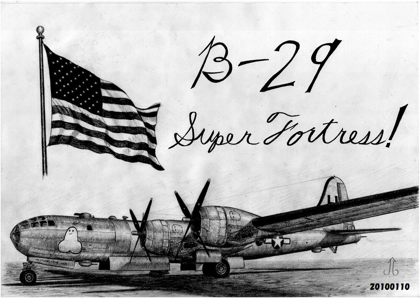 airplane america american_flag b-29_superfortress bomber cockpit english flagpole graphite_(medium) greyscale landing_gear machinery military military_vehicle monochrome nose_art penis propeller teruo_arima traditional_media us_air_force vehicle weapon wings