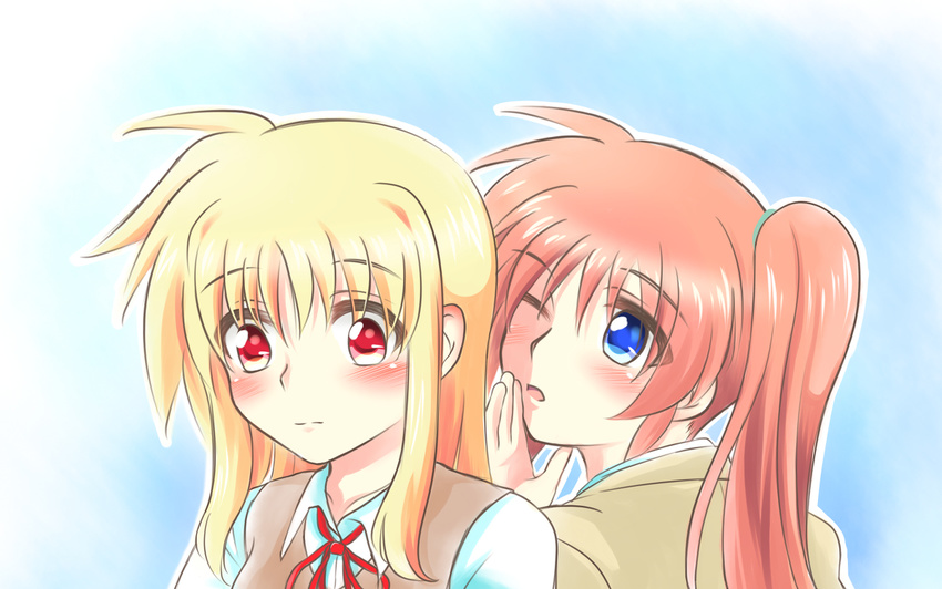 2girls blonde_hair blue_eyes blush brown_hair couple fate_testarossa hair_ornament looking_at_another lyrical_nanoha mahou_shoujo_lyrical_nanoha mahou_shoujo_lyrical_nanoha_a's multiple_girls open_mouth ponytail red_eyes ribbon school_uniform side_ponytail simple_background surprised takamachi_nanoha uniform wara_neko waraneko whispering white_background wide_eyes yuri