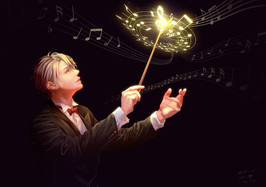 anhei_dabai baton_(instrument) beamed_eighth_notes black_background dated formal grey_hair looking_up male_focus music musical_note nodame_cantabile outstretched_hand red_neckwear sixteenth_note solo standing suit treble_clef upper_body