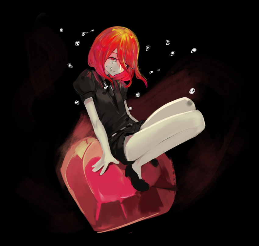 androgynous bad_id bad_twitter_id belt black_footwear black_neckwear black_shirt black_shorts cinnabar closed_mouth collared_shirt crying full_body gem gem_uniform_(houseki_no_kuni) hair_over_one_eye highres houseki_no_kuni liquid long_hair looking_at_viewer mercury necktie puffy_short_sleeves puffy_sleeves red_eyes shinsha_(houseki_no_kuni) shirt shoes short_sleeves shorts sitting solo suisogenshi tears white_shirt wing_collar