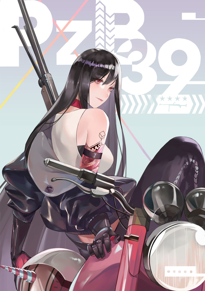 alternate_costume ankle_boots anti-tank_rifle arm_support arm_tattoo biker_clothes black_footwear black_hair black_jacket boots breasts character_name cleavage closed_mouth commentary_request eyebrows_visible_through_hair eyes_visible_through_hair from_behind girls_frontline gloves ground_vehicle gun hair_between_eyes headwear_removed helmet helmet_removed highres jacket jiji_(pixiv10646874) leaning_against_motorcycle long_hair looking_at_viewer medium_breasts midriff_peek motor_vehicle motorcycle neck_ribbon no_eyewear open_clothes open_jacket panzerbuchse_39 pzb39_(girls_frontline) red_eyes red_ribbon ribbon rifle sidelocks smile solo star tattoo very_long_hair weapon zipper