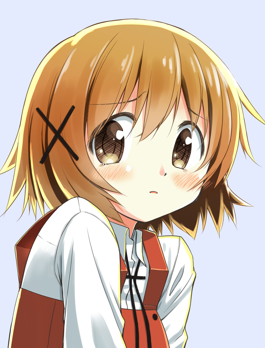 1girl blush brown_eyes brown_hair get hair_ornament hairclip hidamari_sketch looking_at_viewer percy_pyl school_uniform short_hair solo tears upper_body yuno