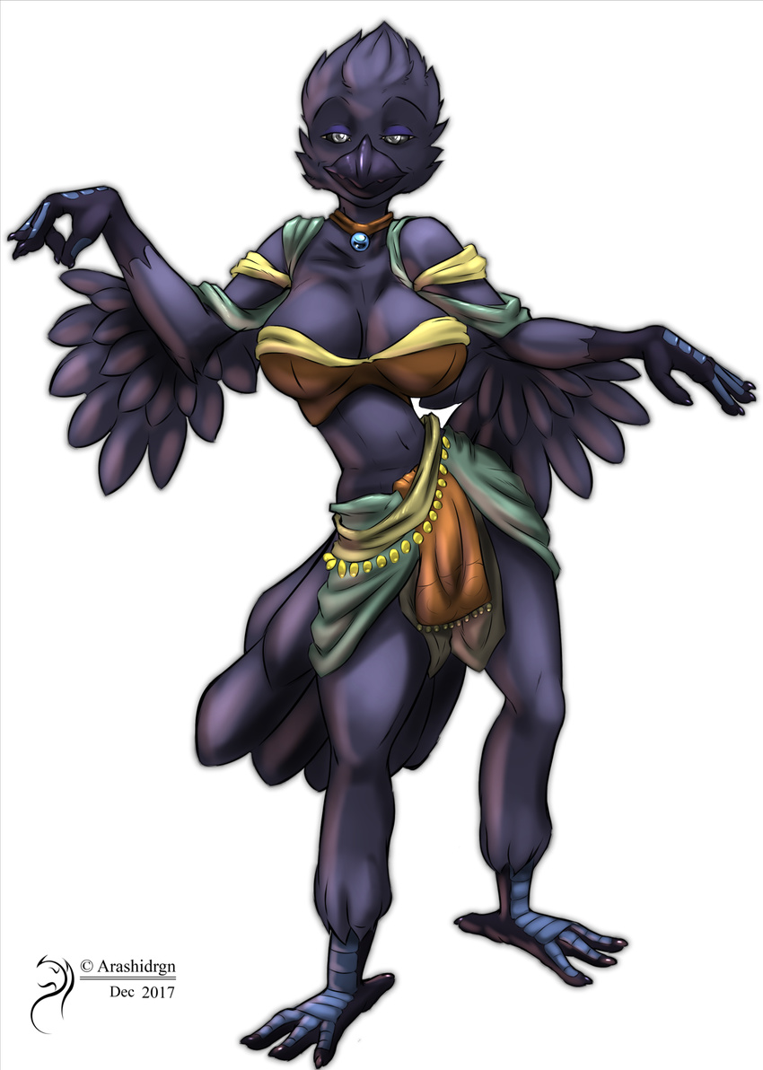 2017 arashidrgn avian big_breasts bird breasts clothed clothing corvid crow dancing feathered_wings feathers female lucidium simple_background solo wings