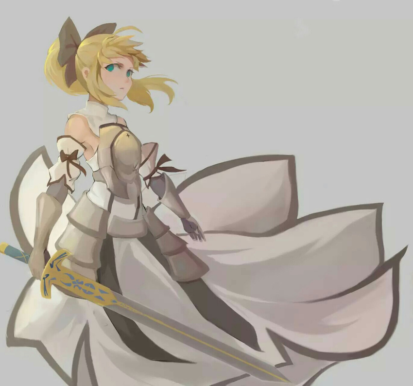 ahoge armor armored_dress armpits arms_at_sides artoria_pendragon_(all) black_hair blonde_hair breastplate caliburn detached_collar detached_sleeves fate/unlimited_codes fate_(series) green_eyes hair_ornament hair_ribbon highres long_hair looking_at_viewer ponytail ribbon saber_lily sketch solo sword weapon wind wind_lift zwc1271750321