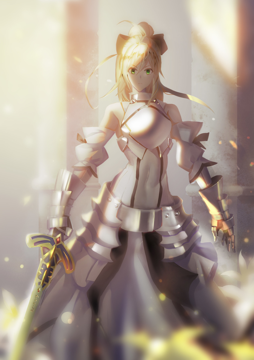 absurdres ahoge armor armored_dress arms_at_sides artoria_pendragon_(all) black_ribbon blonde_hair breastplate caliburn column detached_sleeves fate/unlimited_codes fate_(series) green_eyes highres long_hair pillar ribbon saber_lily serious solo v-shaped_eyebrows xell80