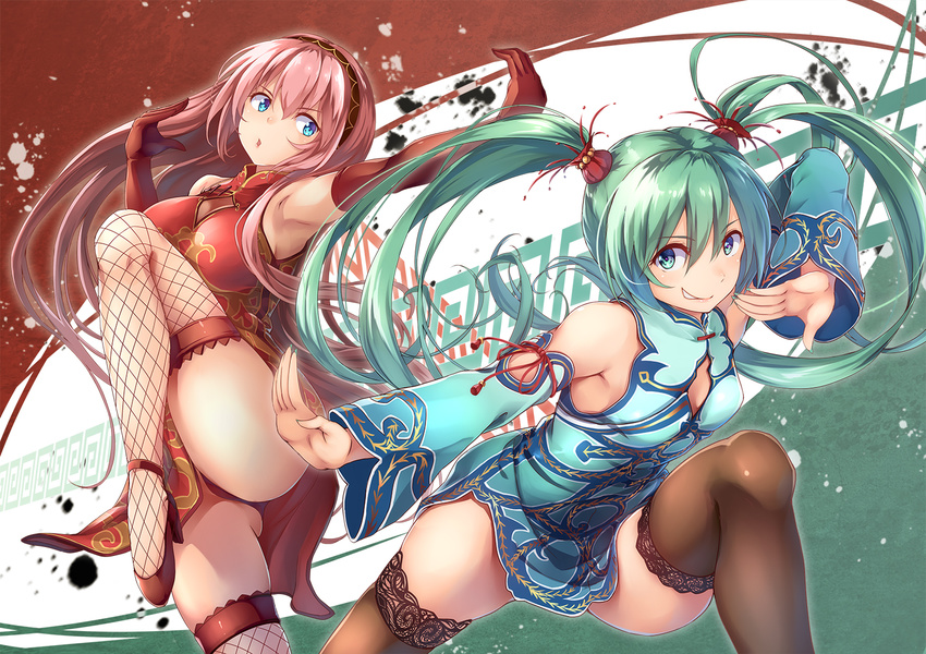 aqua_eyes aqua_hair armpits arms_up ass bangs bare_shoulders bit_(keikou_syrup) black_legwear blue_eyes blush breasts china_dress chinese_clothes cleavage_cutout detached_sleeves dress gloves hair_between_eyes hatsune_miku headband kougyoku_(module) large_breasts long_hair looking_at_viewer medium_breasts megurine_luka multiple_girls pink_hair project_diva_(series) project_diva_f red_gloves sidelocks smile suigyoku_(module) thighhighs twintails vocaloid wide_sleeves world's_end_dancehall_(vocaloid) zettai_ryouiki