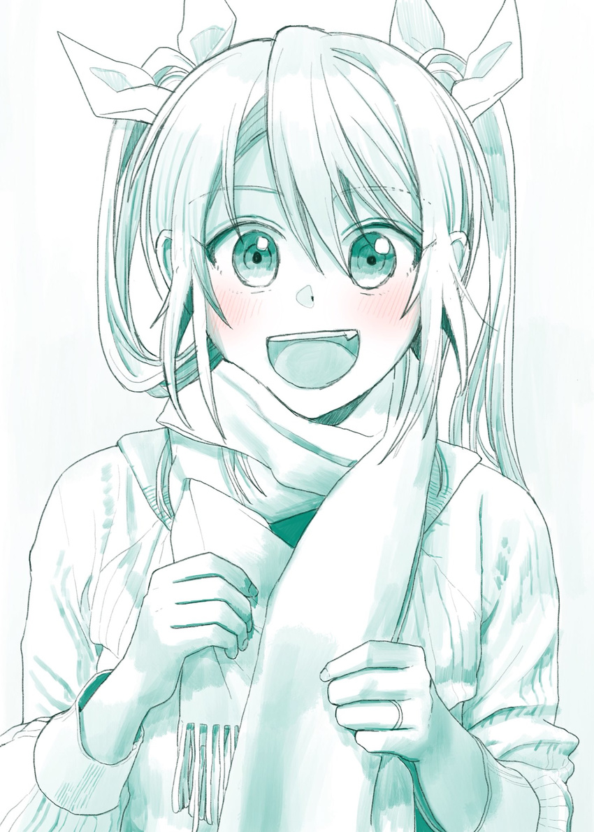 :d blush bow commentary_request eyebrows_visible_through_hair fang green hair_between_eyes hair_bow highres jewelry kantai_collection long_hair long_sleeves looking_at_viewer monochrome open_mouth ribbed_sweater ring scarf simple_background smile solo spot_color sweater tone_(kantai_collection) twintails upper_body wedding_band white_background yami_(m31)