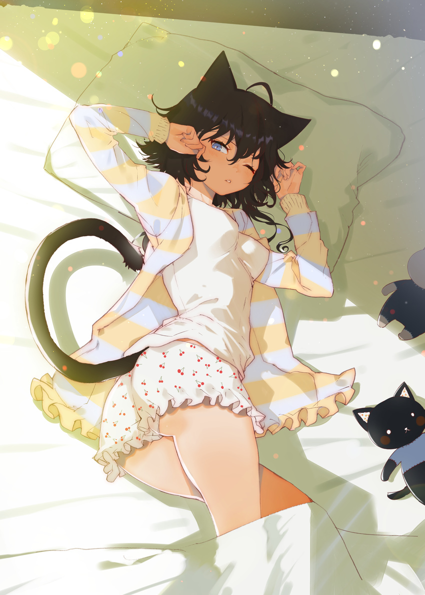 ;o absurdres ahoge animal_ears arm_up arutera ass bangs banned_artist bed bed_sheet black_hair blanket bloomers blue_eyes blush breasts cat_ears cat_girl cat_tail cherry_print colored_stripes commentary_request food_print frills hair_between_eyes hand_up highlights highres jacket long_hair long_sleeves looking_at_viewer lying medium_breasts multicolored_hair on_bed on_side one_eye_closed open_clothes open_jacket open_shirt original panties parted_lips pillow revision shirt solo striped striped_jacket striped_shirt stuffed_animal stuffed_cat stuffed_toy tail thighs twisted_torso underwear waking_up white_panties white_shirt