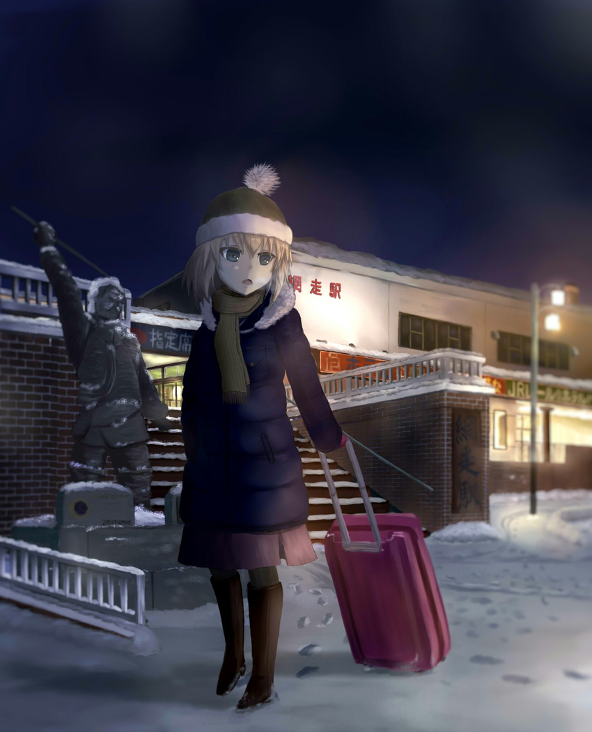 black_background black_footwear blonde_hair blue_coat blue_eyes blurry blurry_background bobblehat boots breath brown_scarf building casual coat commentary_request depth_of_field footprints fringe_trim fur-trimmed_coat fur_trim fusou_(fuso0205) girls_und_panzer hat highres hokkaido holding katyusha knee_boots lamppost long_sleeves looking_away medium_skirt night night_sky open_mouth outdoors pantyhose pink_skirt real_world_location rolling_suitcase scarf skirt sky snow solo stairs standing statue train_station translated winter winter_clothes