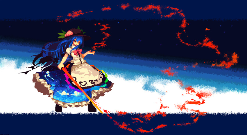 black_hat blue_hair blue_skirt bow bowtie fire food fruit full_body hand_up hat highres hinanawi_tenshi holding holding_sword holding_weapon long_hair peach pixel_art red_eyes red_neckwear short_sleeves skirt solo standing sword sword_of_hisou tea_basira touhou weapon