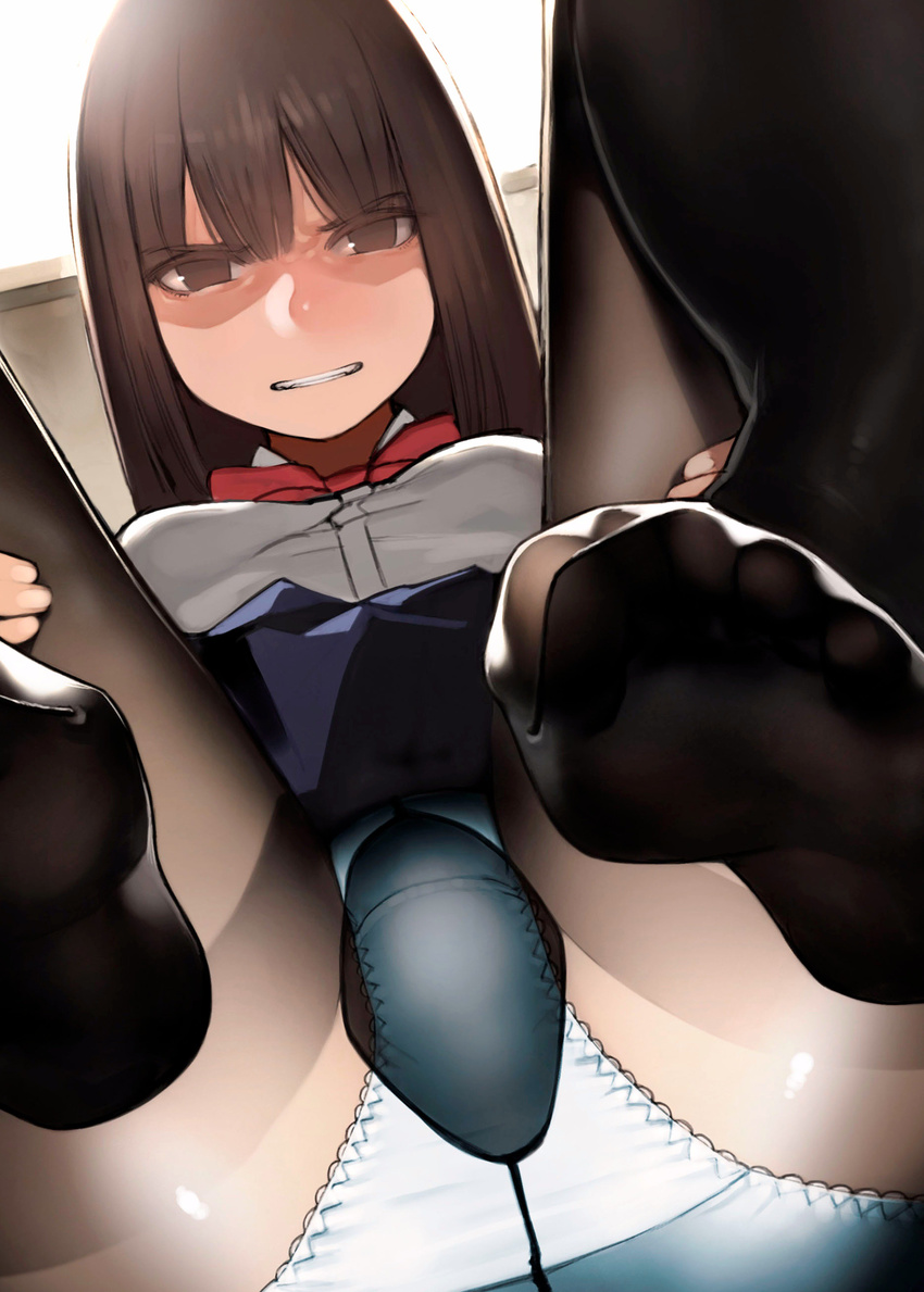 absurdres angry ass bangs blue_panties blue_skirt bow bowtie brown_eyes brown_hair brown_legwear clenched_teeth collared_shirt commentary_request dutch_angle eyebrows_visible_through_hair feet glaring grimace gusset highres long_hair looking_at_viewer original panties panties_under_pantyhose pantyhose parted_lips pleated_skirt red_neckwear sample school_uniform shirt sitting skirt soles solo teeth thighband_pantyhose thighs underwear white_panties white_shirt yomu_(sgt_epper)