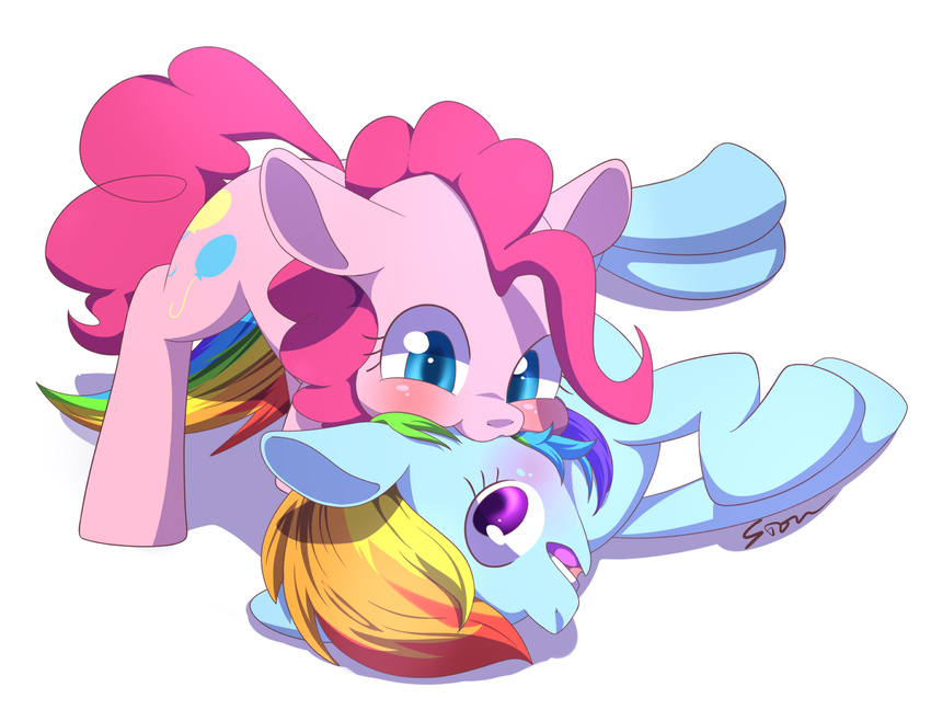 2014 aosion blue_eyes blush cute cutie_mark duo earth_pony equine eyelashes feathered_wings feathers female female/female friendship_is_magic hair happy hi_res horse lying mammal multicolored_hair my_little_pony nom open_mouth pegasus pink_hair pinkie_pie_(mlp) pony purple_eyes rainbow_dash_(mlp) rainbow_hair simple_background white_background wings