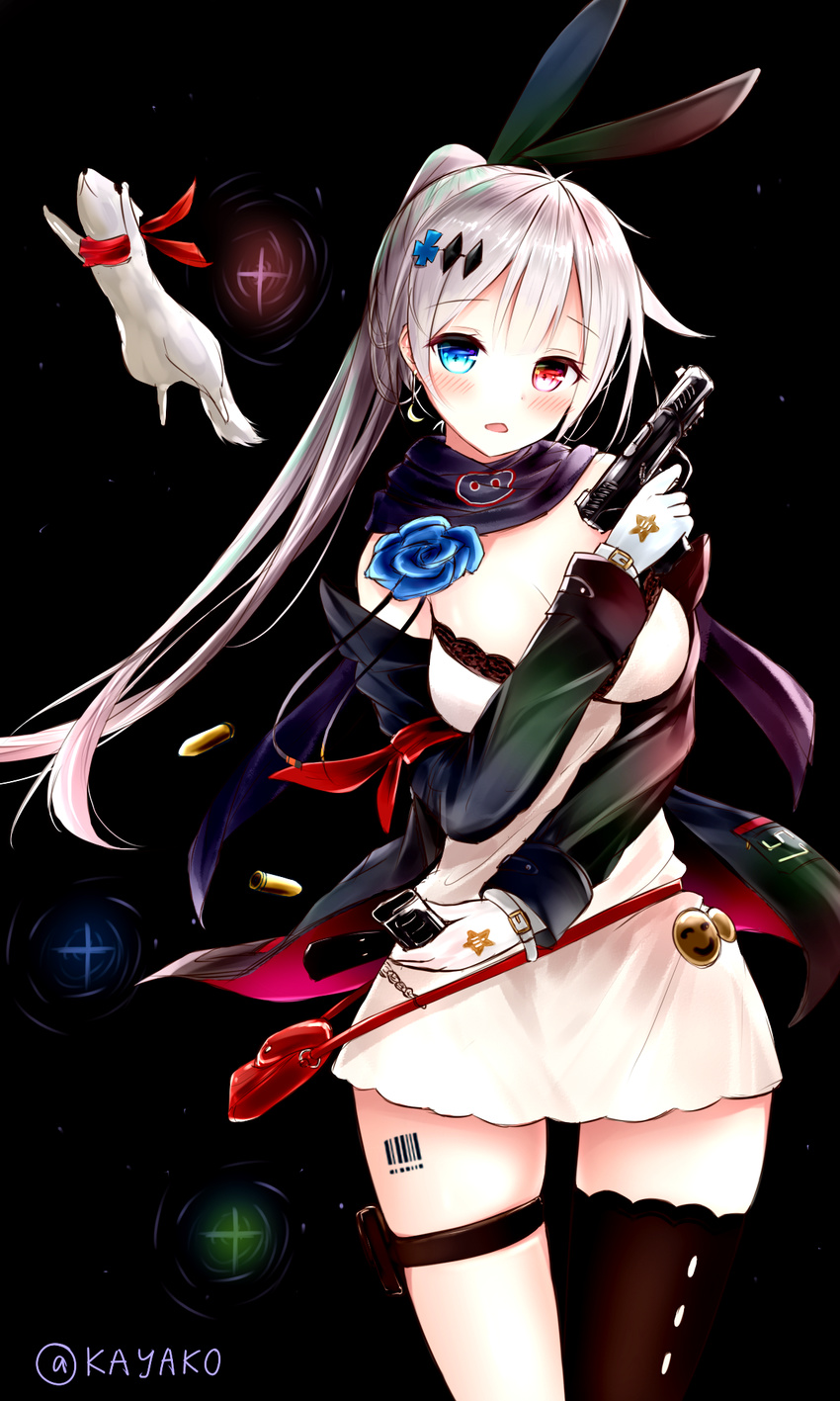 ammunition_pouch animal arm_around_waist armband asymmetrical_legwear bangs barcode barcode_tattoo belt black_background black_jacket black_ribbon blue_flower blue_rose blush breasts bullet cleavage commentary_request cosplay cowboy_shot crescent crescent_earrings dress earrings eyebrows_visible_through_hair eyes_visible_through_hair fal_(girls_frontline) ferret finger_on_trigger five-seven_(girls_frontline) five-seven_(gun) flower g11_(girls_frontline) g11_(girls_frontline)_(cosplay) g41_(girls_frontline) g41_(girls_frontline)_(cosplay) girls_frontline gloves gun hair_between_eyes hair_ornament hair_ribbon hairclip handgun head_tilt heterochromia highres hk416_(girls_frontline) hk416_(girls_frontline)_(cosplay) holding holding_gun holding_weapon jacket jewelry jumping kayakooooo large_breasts long_hair long_sleeves looking_at_viewer magazine_(weapon) open_clothes open_jacket open_mouth ponytail pouch purple_scarf qbz-95_(girls_frontline) qbz-95_(girls_frontline)_(cosplay) red_scarf ribbon rose scarf shell_casing silver_hair simple_background single_thighhigh solo standing strap tattoo thighhighs thighs very_long_hair weapon white_dress white_gloves