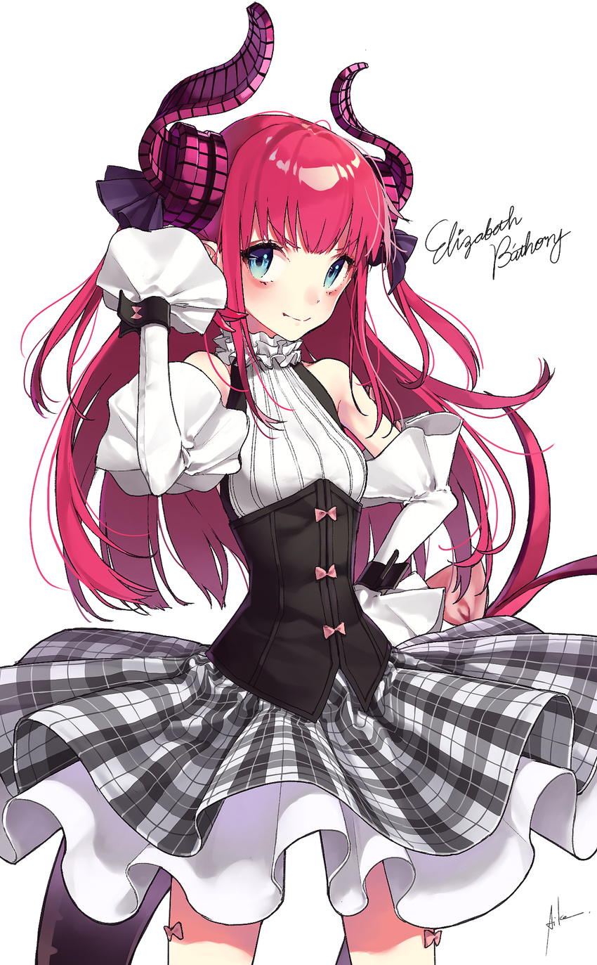 aiko_(aiko_54) arm_up asymmetrical_horns bangs blue_eyes blush character_name closed_mouth collar commentary_request corset cowboy_shot curled_horns detached_sleeves dragon_tail elizabeth_bathory_(fate) elizabeth_bathory_(fate)_(all) eyebrows_visible_through_hair fang fang_out fate/extra fate/extra_ccc fate/grand_order fate_(series) frilled_collar frills grey_skirt hair_ribbon highres long_hair long_sleeves looking_at_viewer pink_hair pointy_ears purple_ribbon ribbon shirt simple_background skirt sleeveless sleeveless_shirt smile solo tail two_side_up v-shaped_eyebrows white_background white_shirt