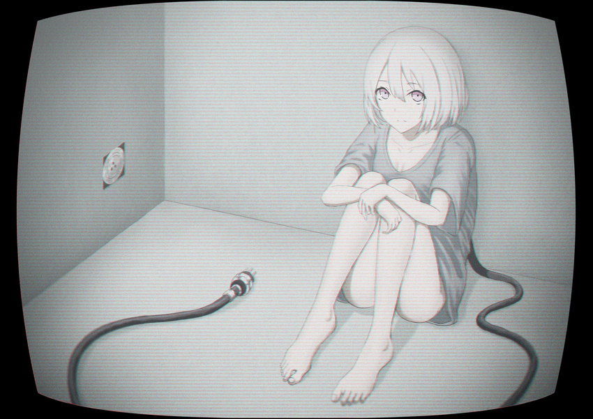 bare_legs barefoot bottomless breasts cleavage closed_mouth collarbone eyebrows_visible_through_hair highres knees_up leg_hug limited_palette looking_at_viewer medium_breasts naked_shirt original pink_eyes plug power_cord shirt short_hair sitting solo teraguchi white_hair