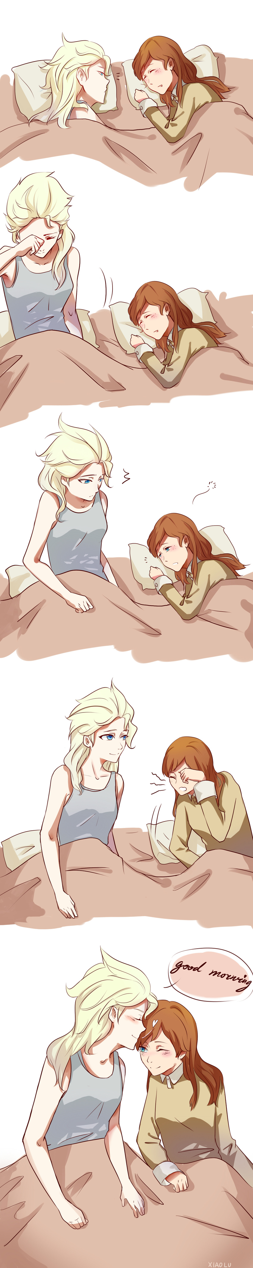 absurdres anna_(frozen) artist_name blonde_hair blue_eyes blush brown_hair comic elsa_(frozen) english freckles frozen_(disney) heart highres long_hair long_image messy_hair multiple_girls one_eye_closed pajamas siblings sisters sleeping sleepy smile tall_image tank_top under_covers white_background xiao_lu