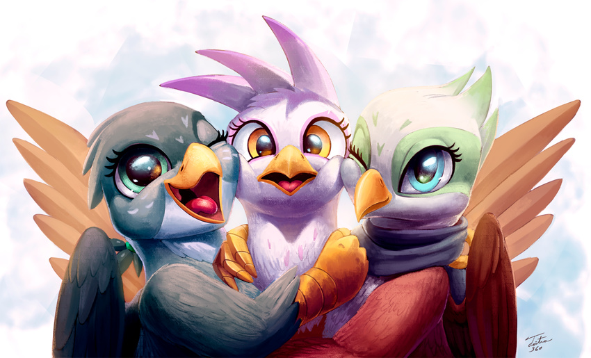 2017 avian beak blue_eyes eyelashes feathered_wings feathers female friendship_is_magic gabby_(mlp) gilda_(mlp) greta_(mlp) group gryphon hi_res looking_at_viewer my_little_pony one_eye_closed open_beak open_mouth open_smile scarf smile tsitra360 wings wink yellow_eyes