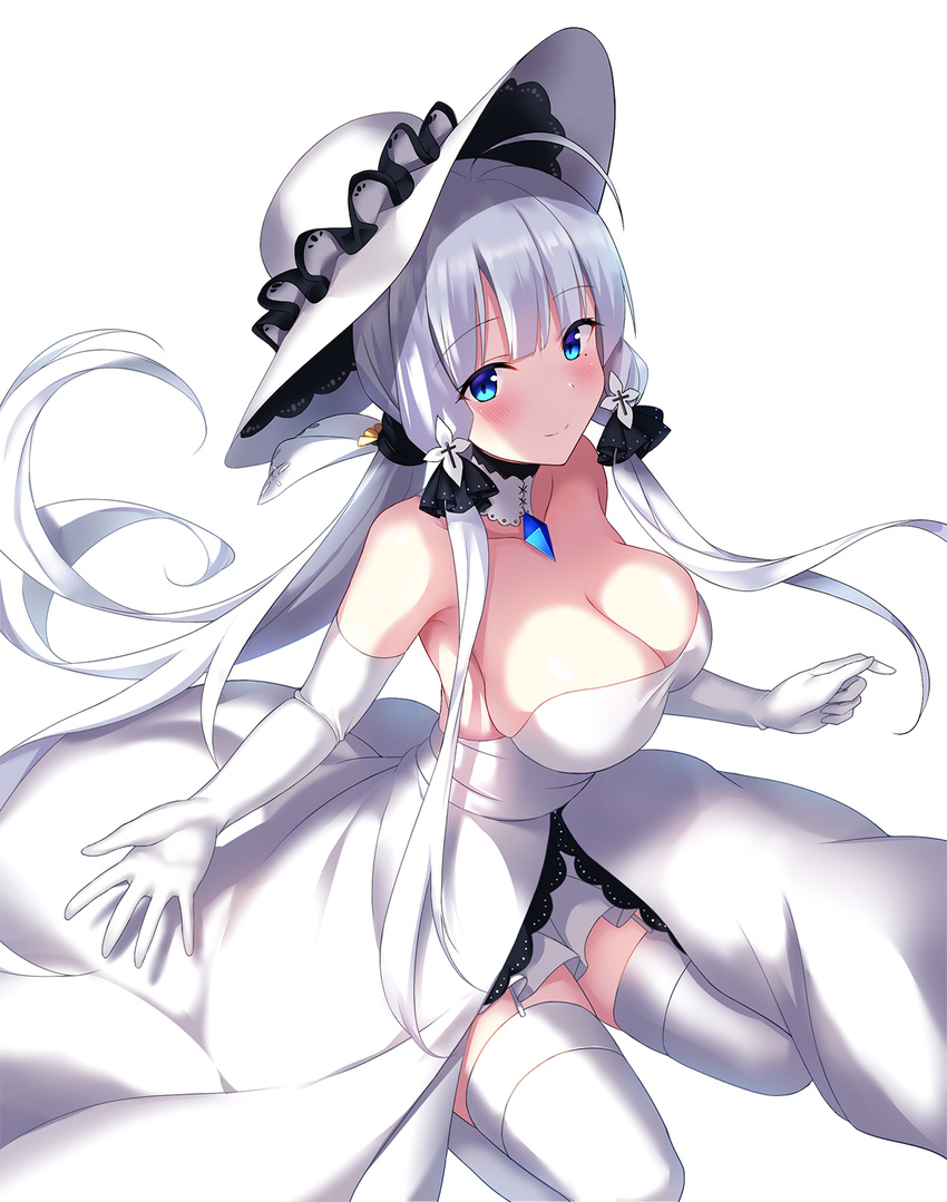azur_lane bangs bare_shoulders blue_dress blue_eyes blunt_bangs blush breasts cleavage closed_mouth cocona collarbone commentary_request dress elbow_gloves eyebrows_visible_through_hair garter_straps gloves half-closed_eyes hat highres illustrious_(azur_lane) large_breasts long_hair looking_at_viewer mole mole_under_eye outstretched_hand silver_hair simple_background sitting smile solo sun_hat thighhighs very_long_hair white_background white_gloves white_hat white_legwear