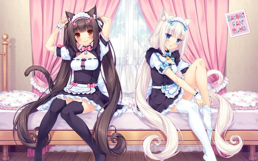 animal_ears chocolat maid neko_para nekomimi sayori tail thighhighs undressing vanilla waitress wallpaper