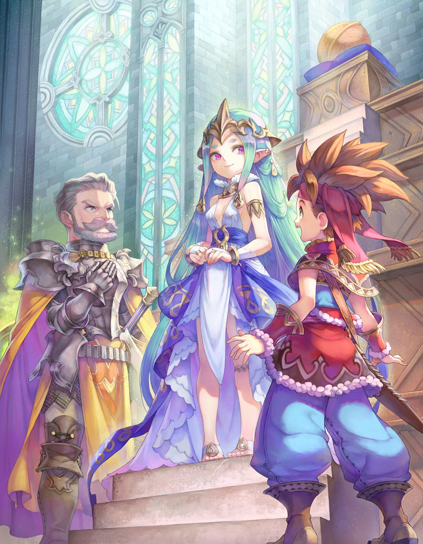 2boys absurdres armlet armor breasts brown_hair cape cleavage commentary dress facial_hair grey_hair haccan headband highres jema_(seiken_densetsu) luca_(seiken_densetsu) multiple_boys mustache official_art old_man pointy_ears purple_eyes randi seiken_densetsu seiken_densetsu_2 small_breasts smile square_enix stained_glass tiara