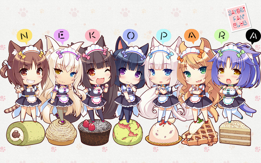 animal_ears apron aqua_eyes azuki_(sayori) bell bicolored_eyes black_hair blonde_hair blush bow brown_eyes brown_hair cat_smile catgirl chibi chocola_(sayori) cinnamon_(sayori) coconut_(sayori) dress food green_eyes group headdress long_hair maid maple_(sayori) minazuki_shigure nekopara ponytail purple_eyes purple_hair sayori short_hair tail twintails vanilla_(sayori) white_hair wink wristwear yellow_eyes