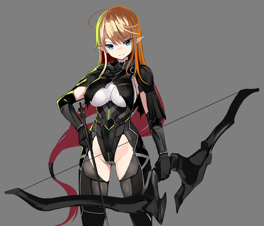 &gt;:) ahoge arrow black_gloves blonde_hair blue_eyes bodysuit bow_(weapon) breasts closed_mouth elbow_gloves elf gloves grey_background hand_on_hip highres iinuma_toshinori impossible_bodysuit impossible_clothes large_breasts long_hair original pointy_ears sidelocks simple_background solo thigh_cutout v-shaped_eyebrows weapon