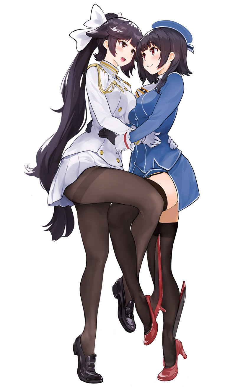 amami_amayu asymmetrical_docking azur_lane black_gloves black_legwear blush bow breast_press breasts brown_eyes brown_legwear closed_mouth commentary_request crossover eye_contact full_body garter_straps gloves hair_bow hat high_heels highres kantai_collection large_breasts leg_up loafers long_hair long_sleeves looking_at_another miniskirt multiple_girls namesake pantyhose pleated_skirt ponytail red_eyes selfcest shoes short_hair side_slit simple_background skirt smile standing standing_on_one_leg takao_(azur_lane) takao_(kantai_collection) thighband_pantyhose thighhighs very_long_hair white_background white_gloves yuri
